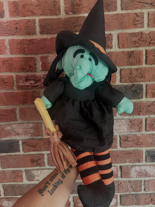 Vintage 90’s Parachute Nylon Witch Stuffed Plush Halloween Decor  22"  w Broom