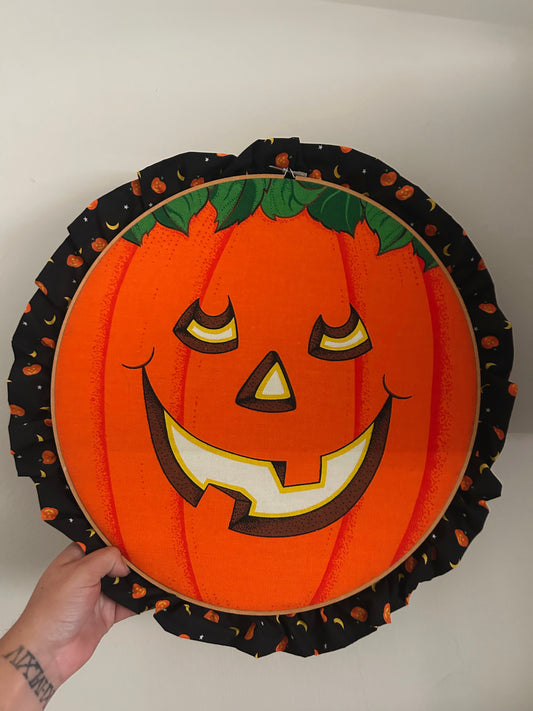 90’s pumpkin fabric embroidery hoop with trim