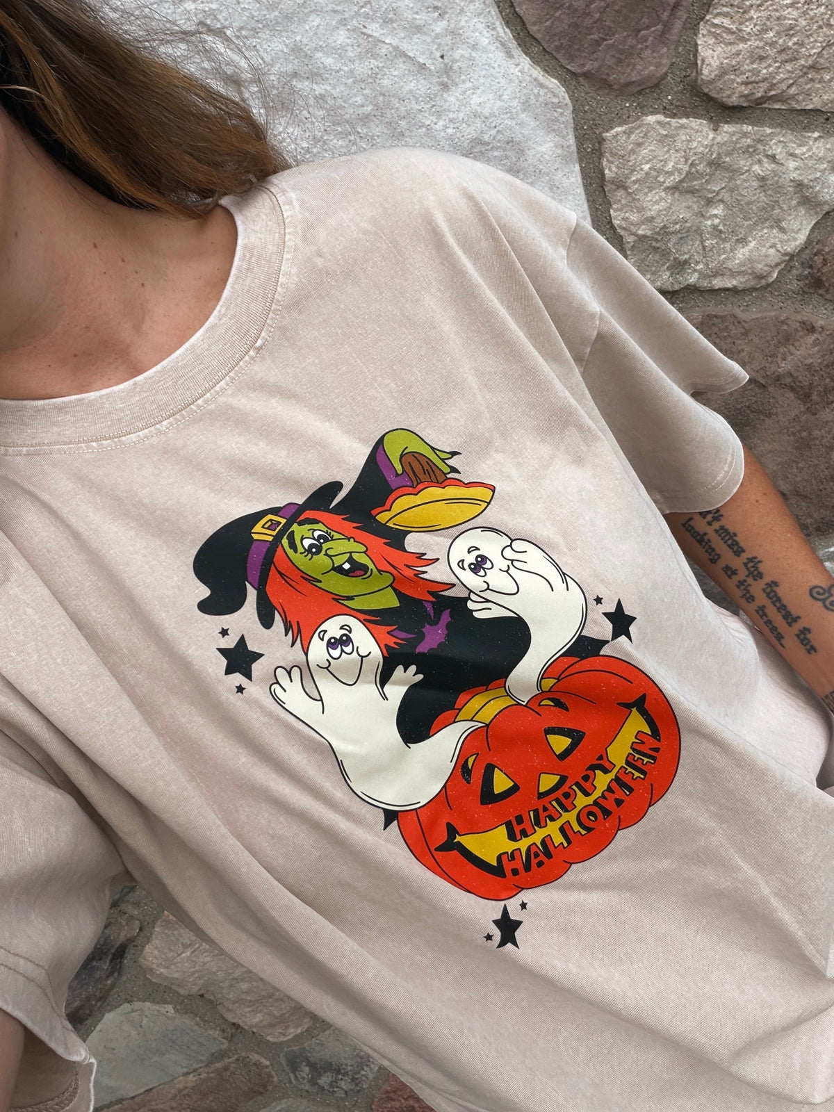Vintage Happy Halloween with Witch  - oversized orange mineral tee (Copy)