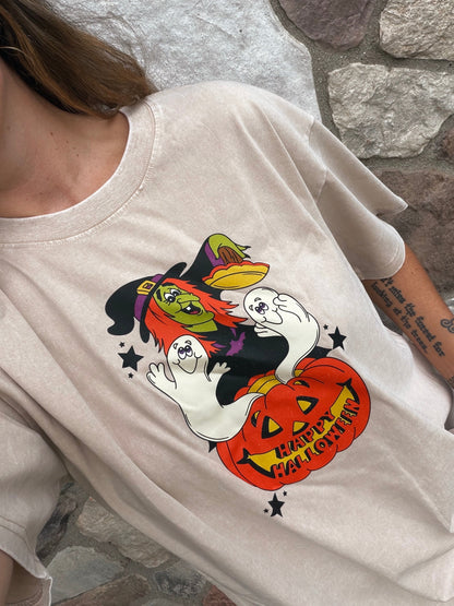 Vintage Happy Halloween with Witch  - oversized orange mineral tee (Copy)