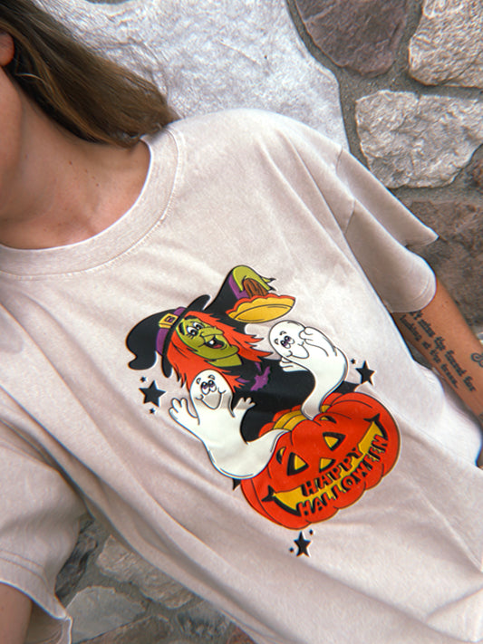 Vintage Happy Halloween with Witch  - oversized orange mineral tee (Copy)