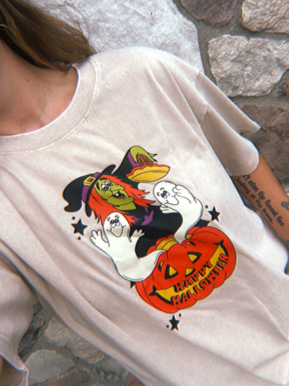 Vintage Happy Halloween with Witch  - oversized orange mineral tee (Copy)