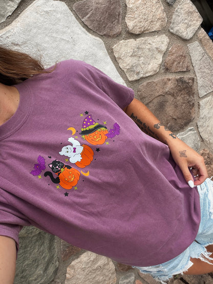 Vintage pumpkin, bats and more - berry purple tee